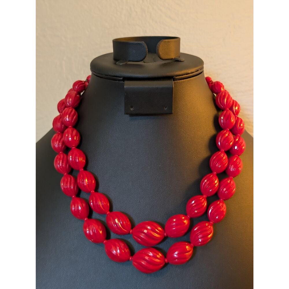 Vintage Signed Western Germany Double Strand Red Swirl Acrylic Bead Necklace